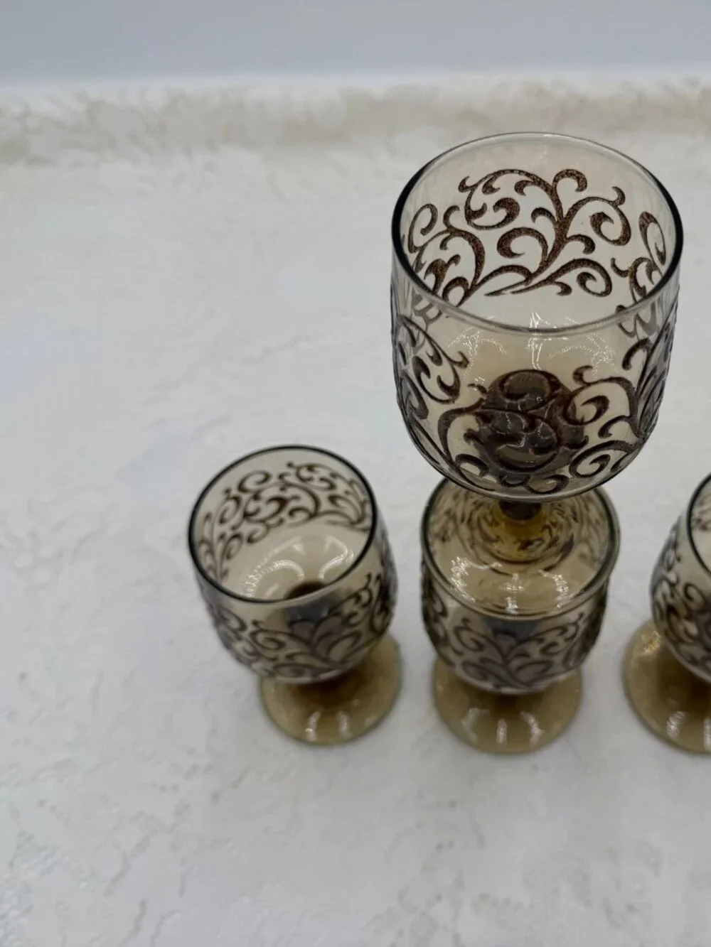 Vintage Amber Glass Goblets With Brown Swirl Design - Set Of 4 5.5